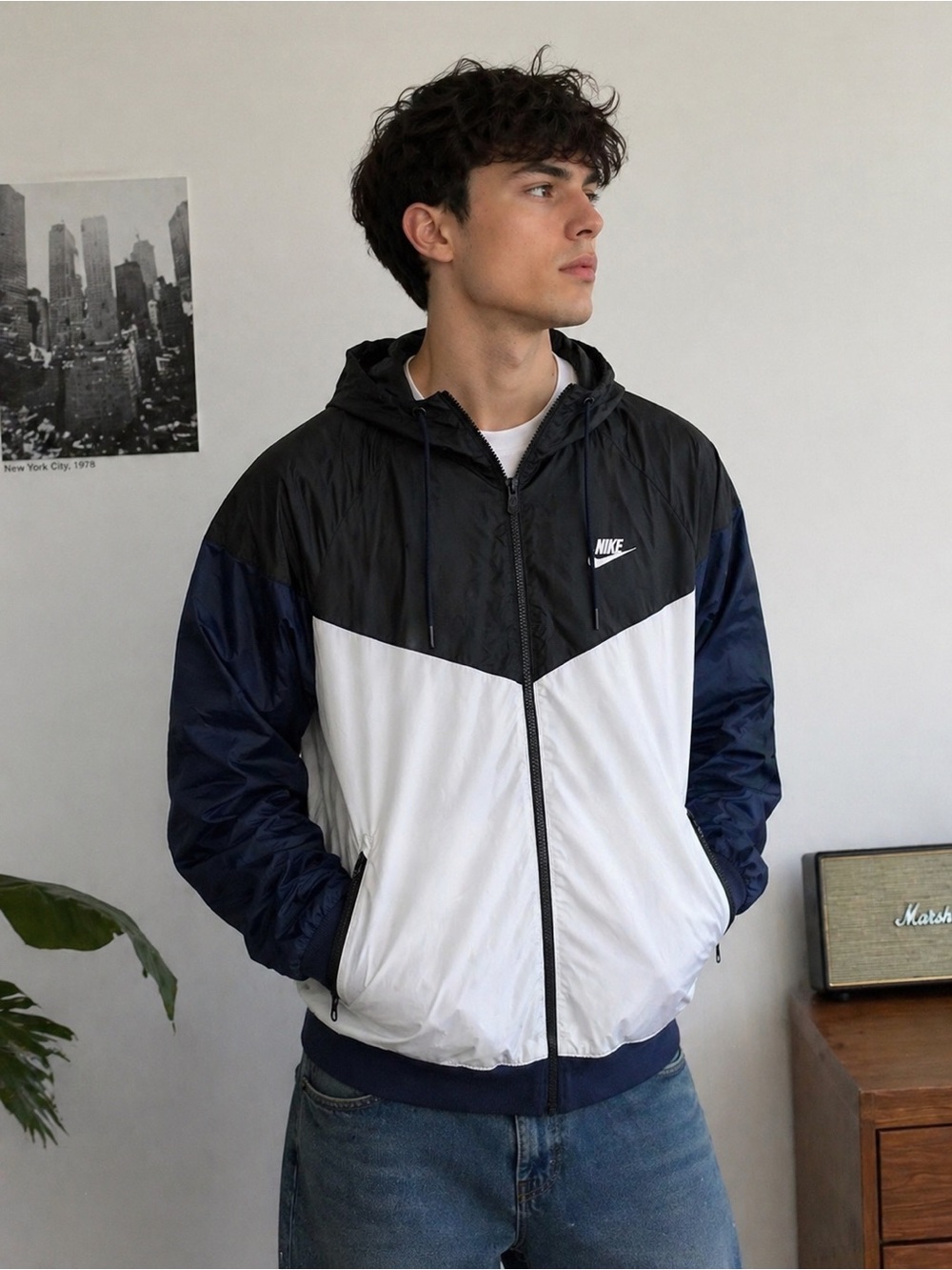Nike Windrunner Jacket Mens Medium Black White Blue Hooded Full Zip Lightweight